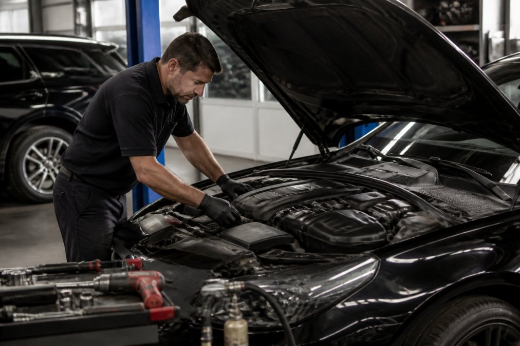 Master-certified technician using advanced diagnostic computer terminal and specialized equipment while examining luxury European vehicle's engine bay under bright workshop lighting