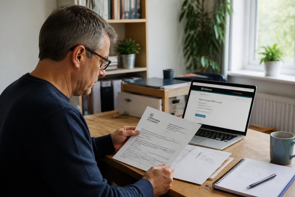 A landlord sitting at a desk reviewing HMRC correspondence and tax documents, with a laptop open showing a government website, in a home office setting