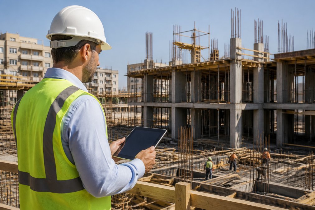 Expert immobilier en gilet de sécurité jaune inspectant un chantier de construction, examinant les plans sur une tablette tactile tout en observant les structures de béton et les installations en cours