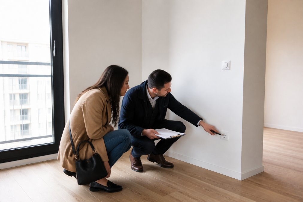 Expert immobilier et acquéreur inspectant ensemble un appartement neuf lors de la visite de pré-réception, examinant les finitions des murs, les installations électriques et les revêtements de sol sous la lumière naturelle d'une grande fenêtre