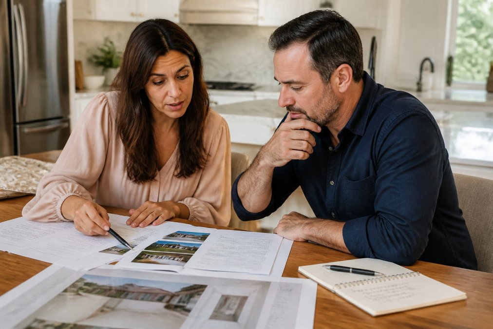 A buyer and their advocate reviewing building and pest inspection documents at a kitchen table, with a laptop showing a property listing and a notepad with handwritten questions