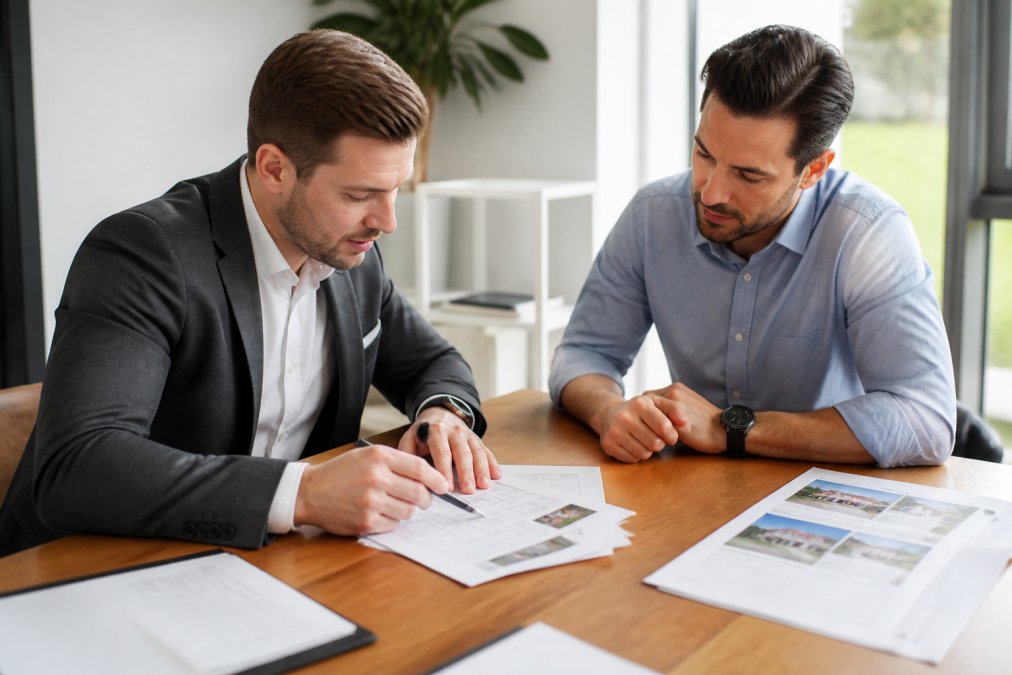 Professional buyer's agent in business attire reviewing property market data and comparable sales documents at a desk with a client, natural office lighting