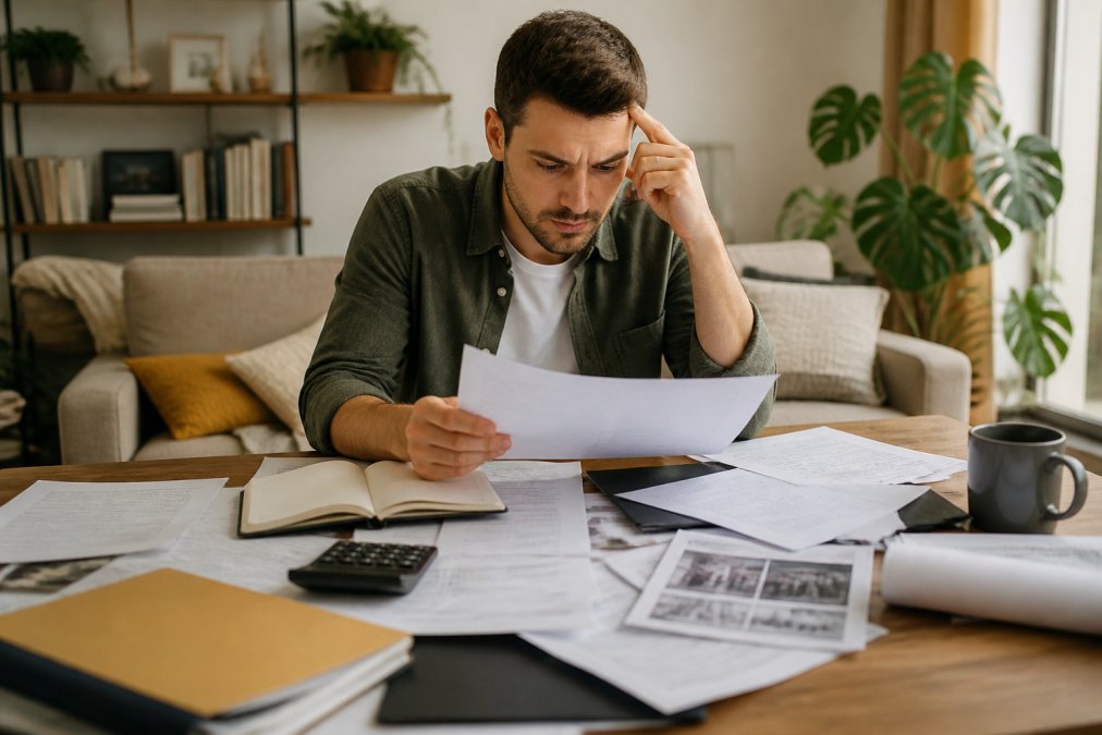 First-time homebuyer looking focused while reviewing property contract documents and inspection reports at home, natural afternoon lighting