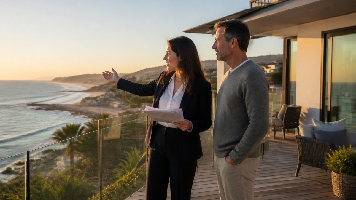 A real estate professional and a homeowner standing on the deck of a coastal California home, reviewing documents and looking out toward the ocean at golden hour