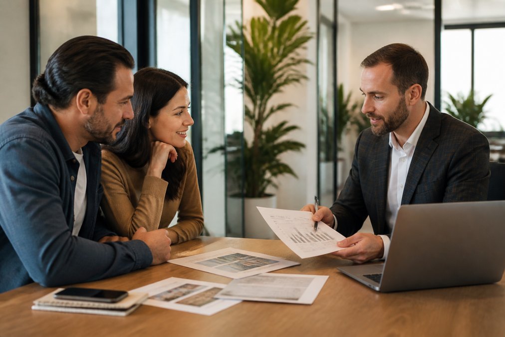 Professional real estate agent meeting with a young couple in a bright, modern office, reviewing property documents and discussing market analysis at a wooden desk with a laptop