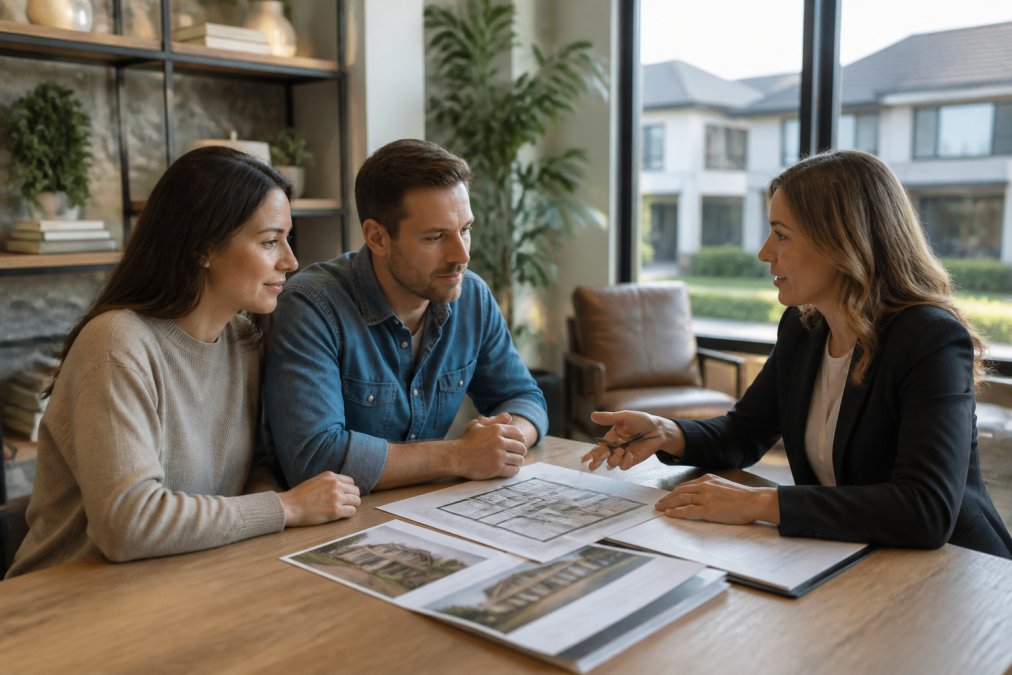 Real estate agent and clients having a collaborative discussion in a modern office setting, with documents spread on a desk and a warm, professional atmosphere with natural window lighting