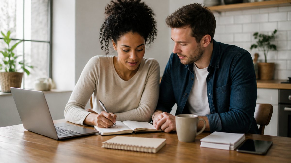 A couple sitting at a kitchen table with a notebook and laptop, reviewing notes together in warm natural light