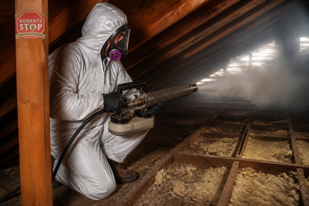 Professional technician in protective gear operating thermal fogging equipment in a contaminated attic space, mist dispersing through wooden beams and insulation, natural light filtering through soffit vents