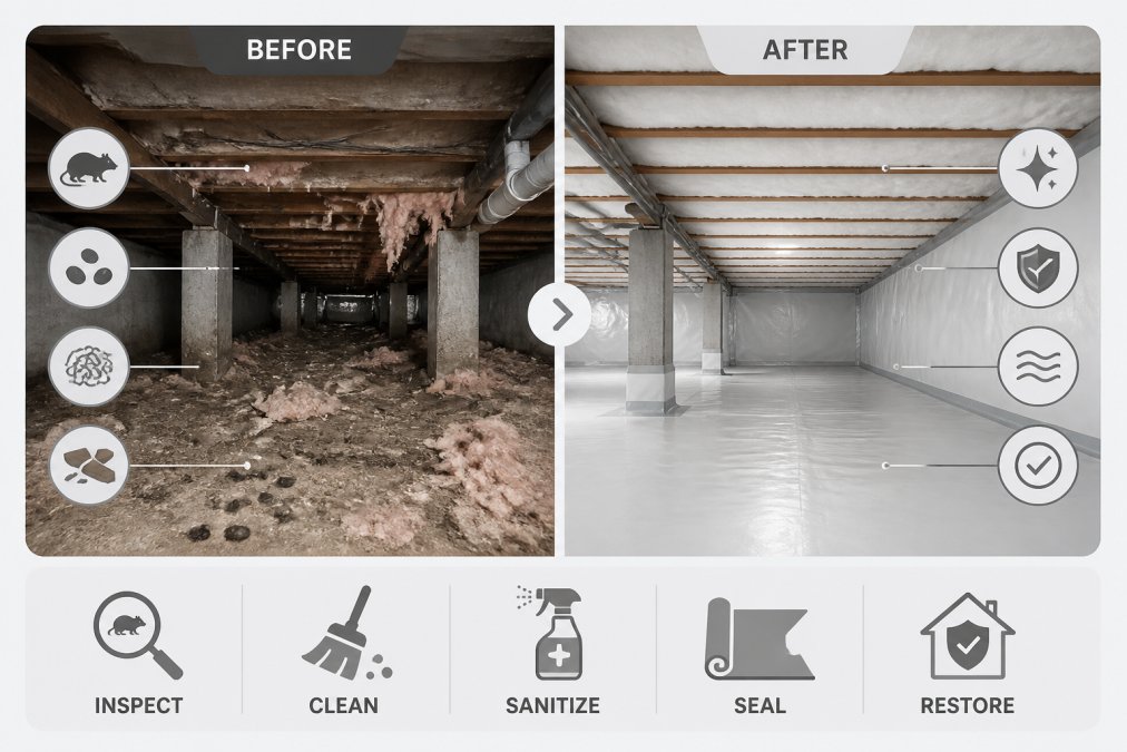 Before-and-after side-by-side view of a crawl space, left side showing visible rodent droppings, contaminated insulation, and debris; right side showing the same space clean, sanitized, with new insulation installed and sealed, professional lighting highlighting the restoration work