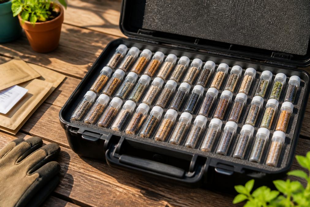 Close-up of a neatly organized seed storage kit with labeled vials arranged in rows inside a compact, water-resistant case on a wooden garden table