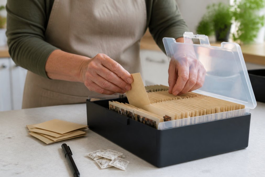 Gardener's hands carefully placing labeled seed envelopes into a storage organizer, with small desiccant packets and a pen visible on a bright countertop