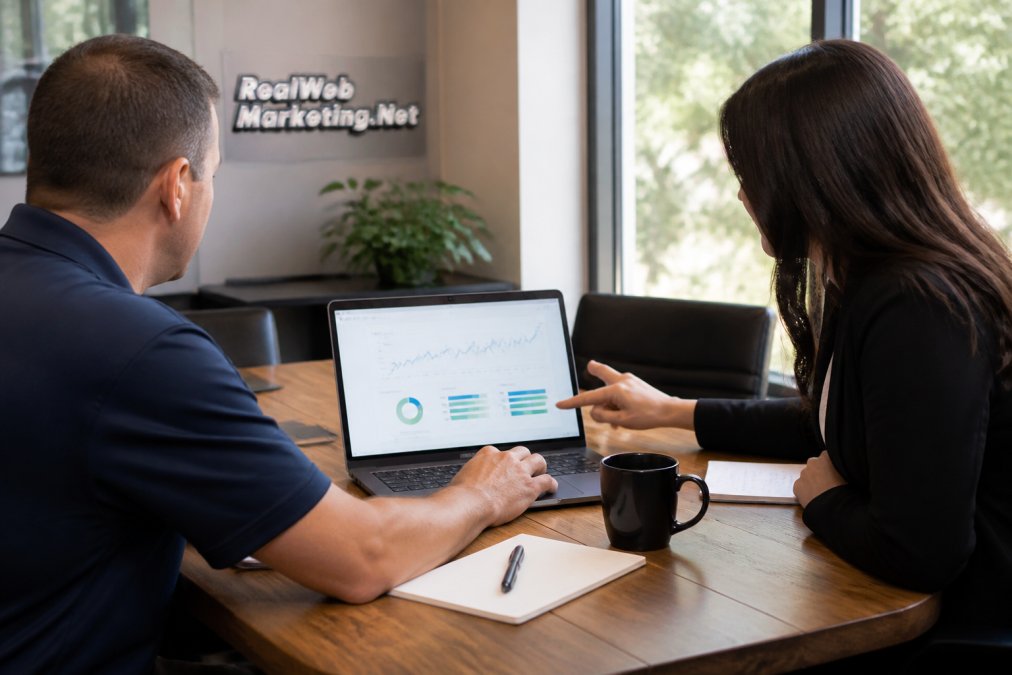 Consultant and business owner reviewing expert seo services data on a laptop dashboard in a conference room