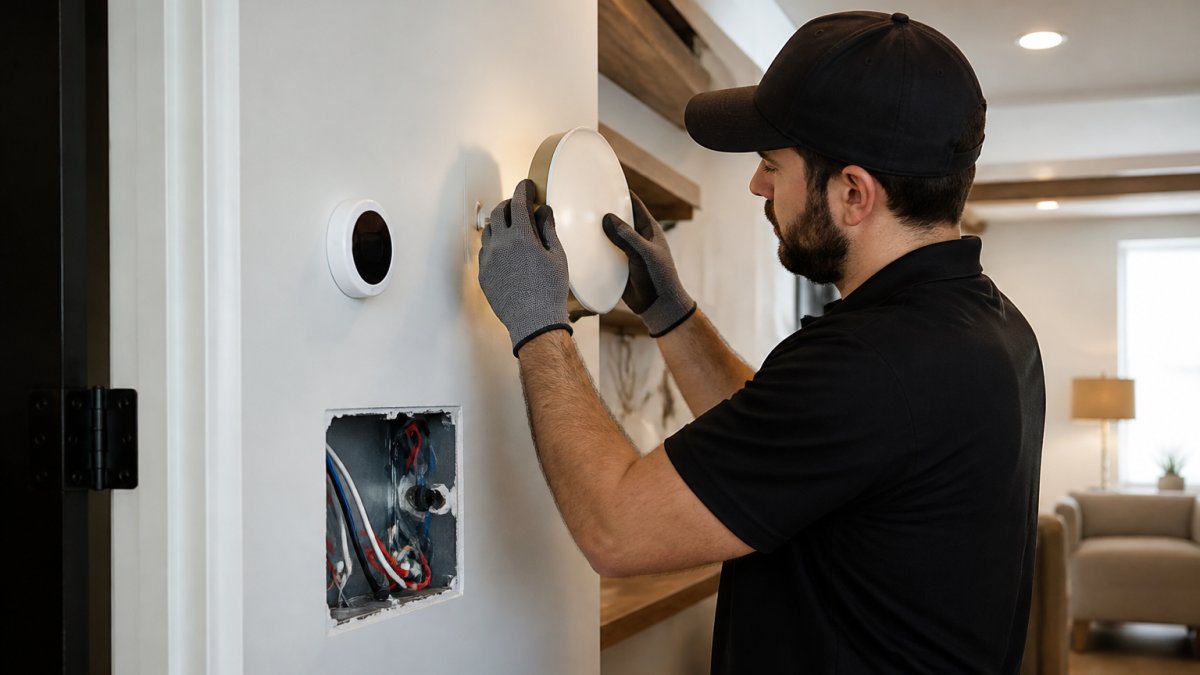 Professional technician installing smart lighting fixtures and thermostat in residential wall with organized cable management and clean workspace