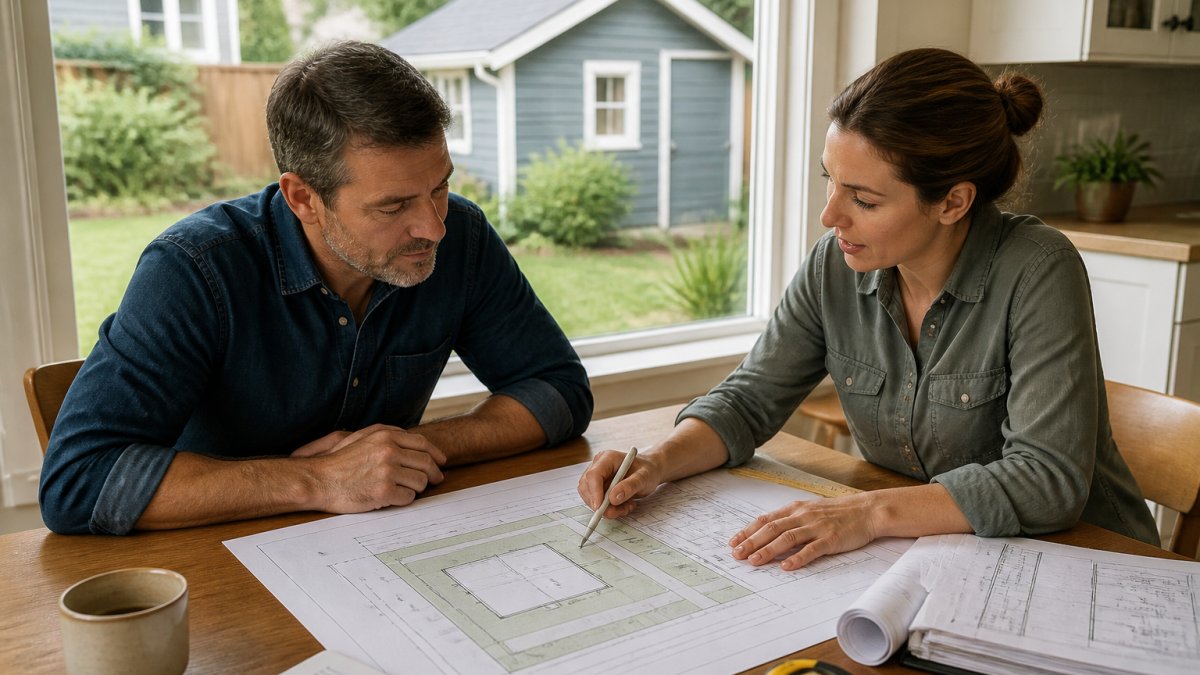 Homeowner and planner reviewing site maps and setback measurements for ADU planning on a tablet