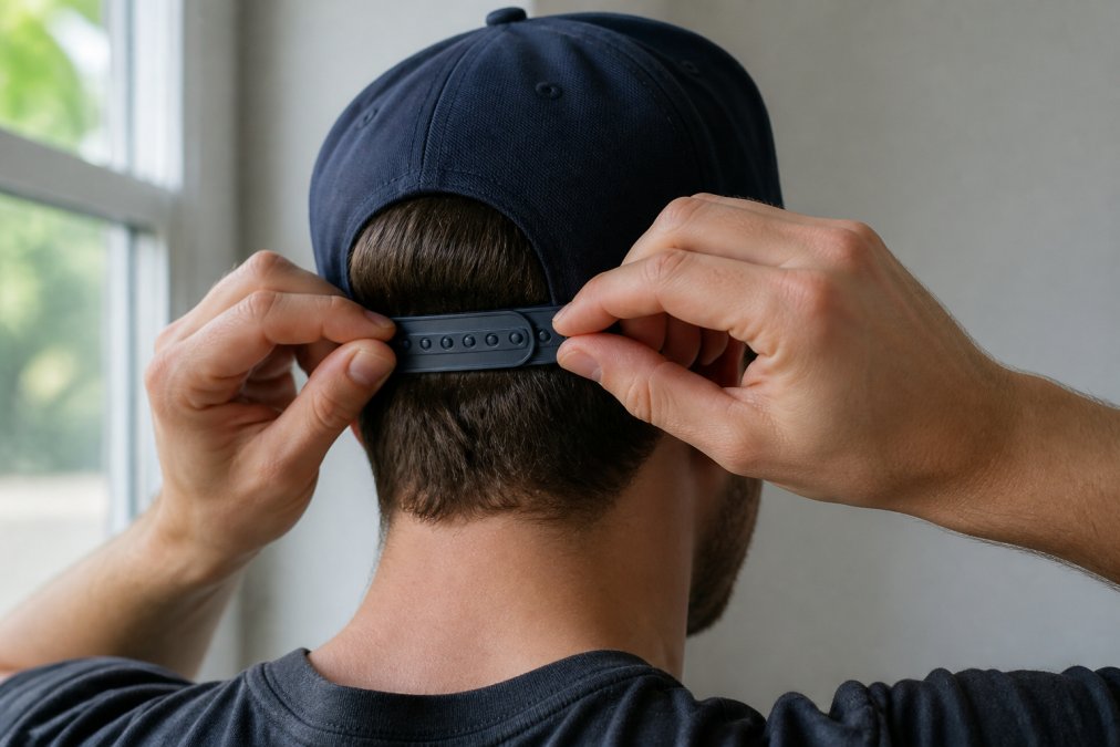 Close-up of a person's hands adjusting a snapback closure on a navy blue baseball cap, showing the fit around the head in natural window light