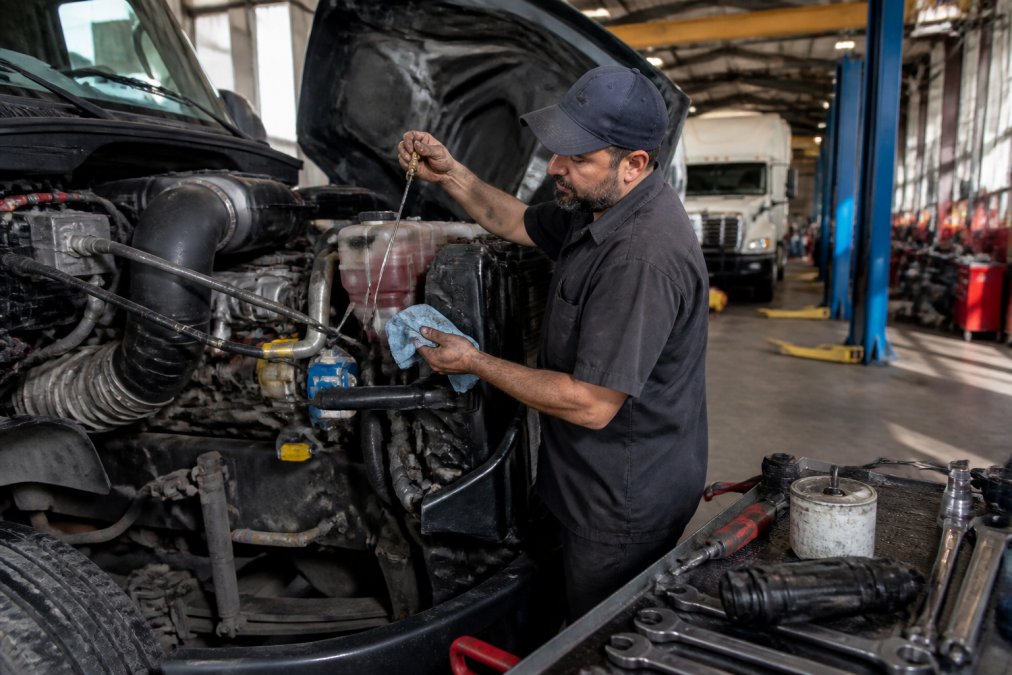 Certified technician in professional service bay checking diesel engine oil levels and inspecting fluid components on a truck, with diagnostic equipment visible on the workbench
