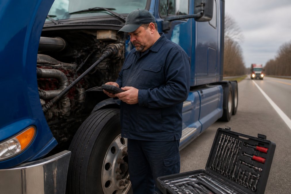 Mobile repair technician with diagnostic scanner and tool kit standing beside a truck on the roadside, professional uniform and focused expression as they troubleshoot the engine
