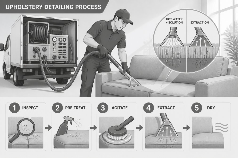 Professional technician using truck-mounted steam extraction equipment on an upholstered sofa, with hot water and cleaning solution being applied and extracted in real-time, showing the deep cleaning process in action with natural lighting