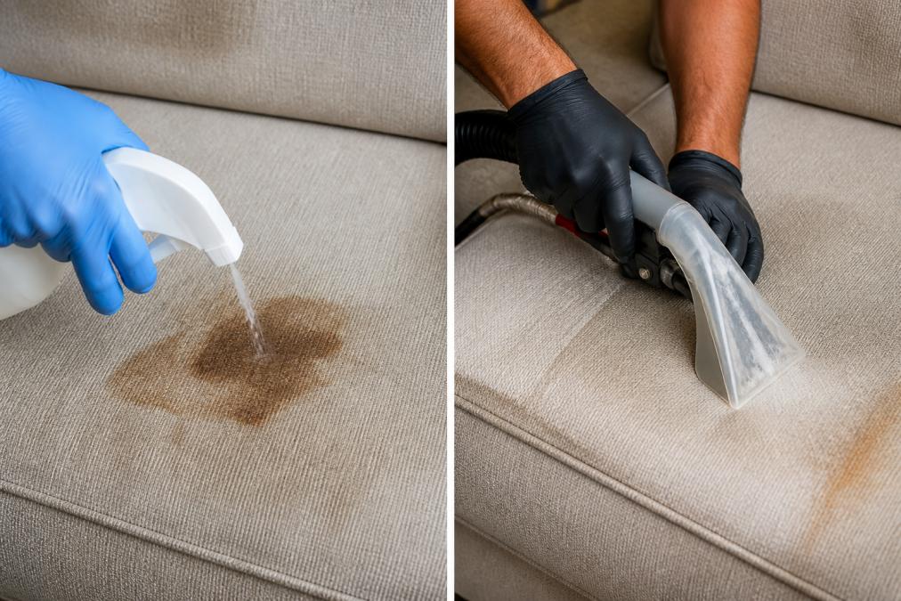 Close-up of a stubborn stain on upholstered fabric being treated with professional-grade cleaning solution, technician's hands applying treatment with precision before extraction equipment removes the soil and liquid