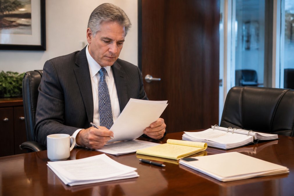 A professional expert witness reviewing notes and a laptop at a conference table in a quiet office, with legal documents and a coffee mug nearby