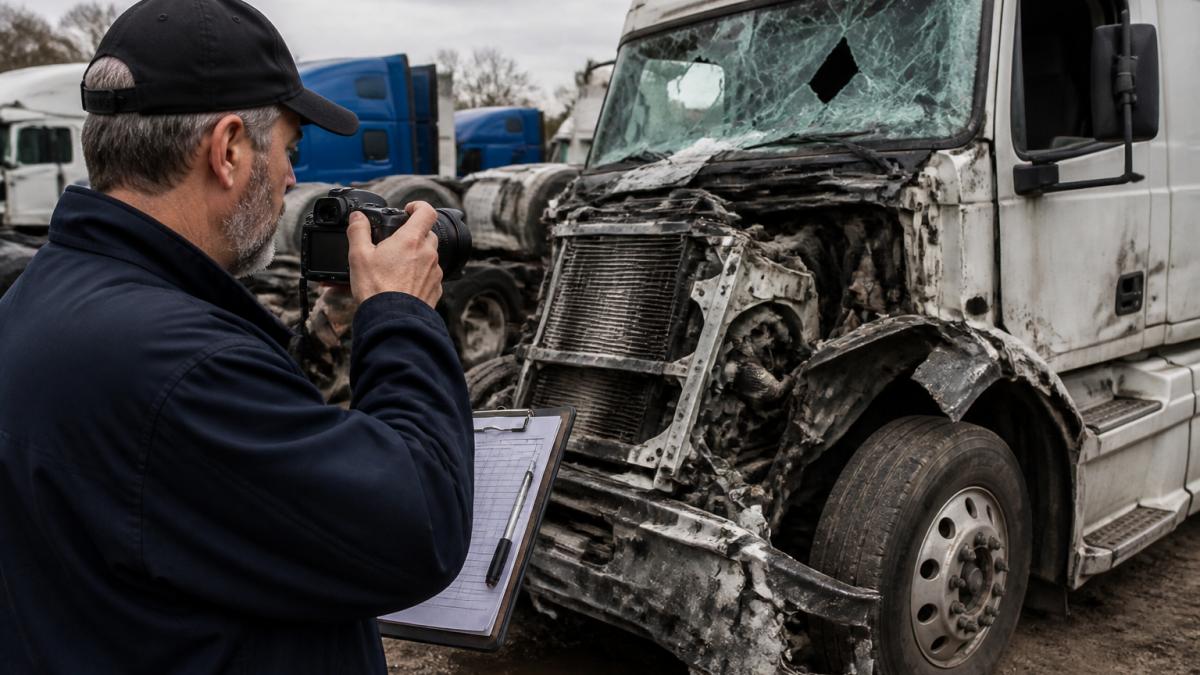 Professional accident reconstructionist examining damaged commercial truck at salvage yard, measuring damage patterns and taking detailed photographs for forensic documentation