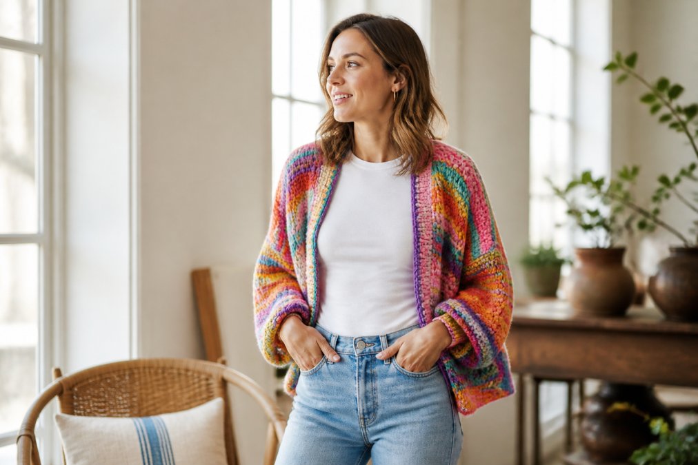 A woman wearing a vibrant multicoloured hand-knitted striped cardigan styled over a white fitted top, standing in a bright airy room with white walls and natural light streaming through tall windows