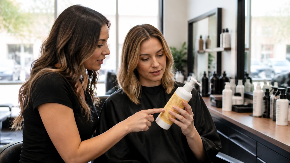 Professional stylist and client reviewing a hair product ingredient label at a salon station