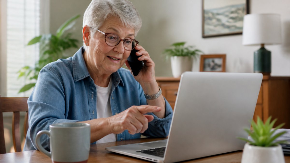 Older adult sitting at home with a laptop, pointing at the screen while speaking on the phone to tech support, looking calm and confident