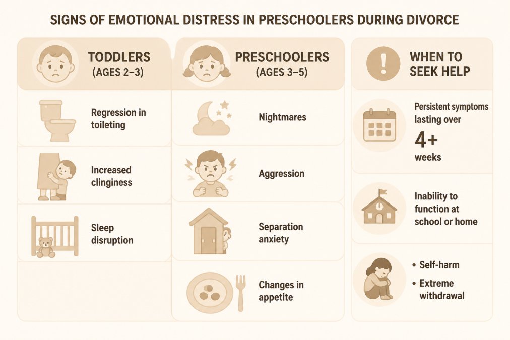 Matrix comparing behavioral changes by age group during divorce: Toddlers (ages 2-3) showing regression in toileting, increased clinginess, sleep disruption; Preschoolers (ages 3-5) showing nightmares, aggression, separation anxiety, changes in appetite; When to seek help: persistent symptoms lasting over 4 weeks, inability to function at school or home, self-harm, extreme withdrawal