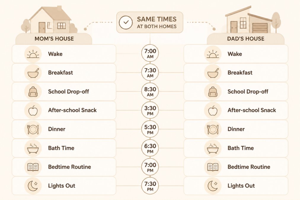 Daily routine timeline showing consistent activities across both homes: Wake time 7:00 AM, Breakfast 7:30 AM, School drop-off 8:30 AM, After-school snack 3:30 PM, Dinner 5:30 PM, Bath time 6:30 PM, Bedtime routine 7:00 PM, Lights out 7:30 PM; Note: Same times at Mom's house and Dad's house