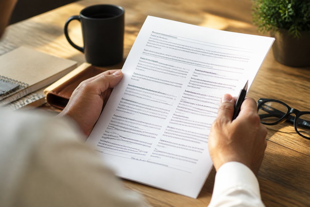 Persona leyendo un documento impreso sobre coberturas de seguros con gafas y bolígrafo sobre un escritorio de madera