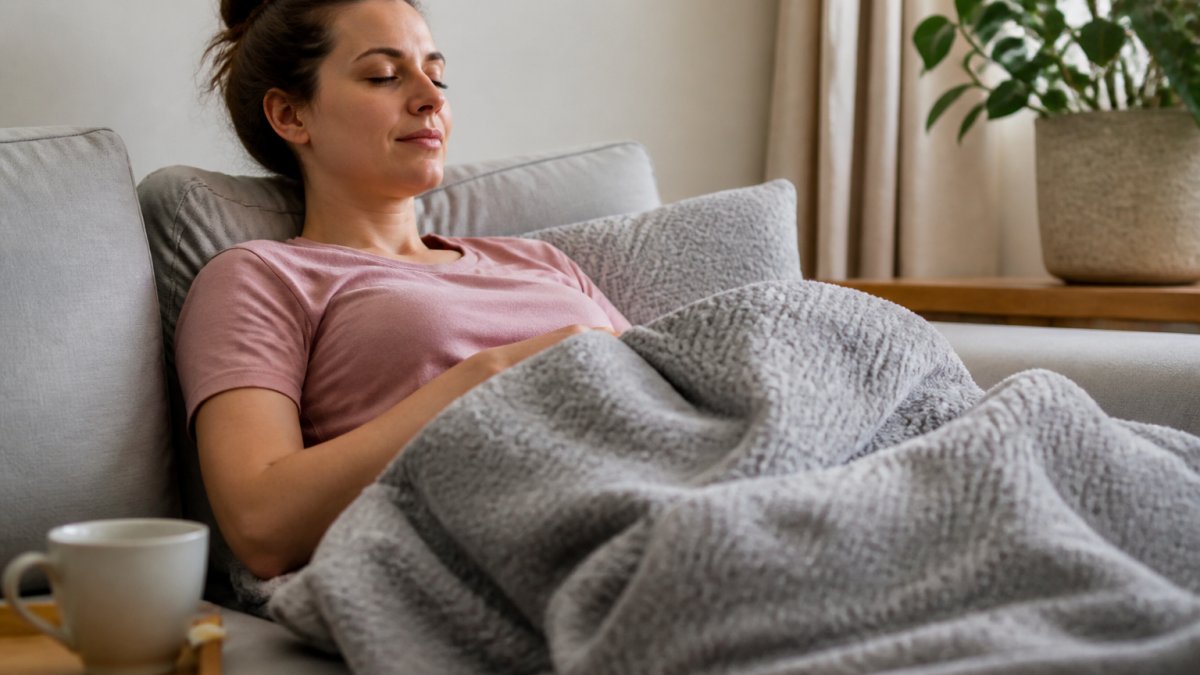 A woman resting comfortably on a sofa at home with a soft blanket and a cup of tea nearby, looking calm and recovering