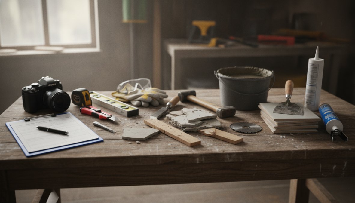 A licensed inspector in a hard hat and safety vest examining exposed structural framing on a residential balcony, taking handwritten notes on a clipboard with a DSLR camera resting on the railing nearby, bright afternoon sunlight casting sharp shadows on the wood framing