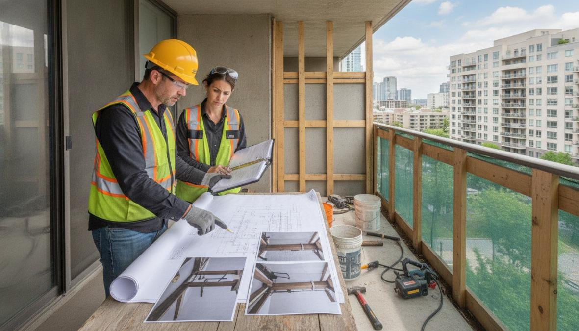 A contractor and a licensed inspector standing at a residential building exterior, both reviewing damage photographs and repair drawings on a tablet, with exposed balcony framing visible in the background and natural daylight illuminating the scene