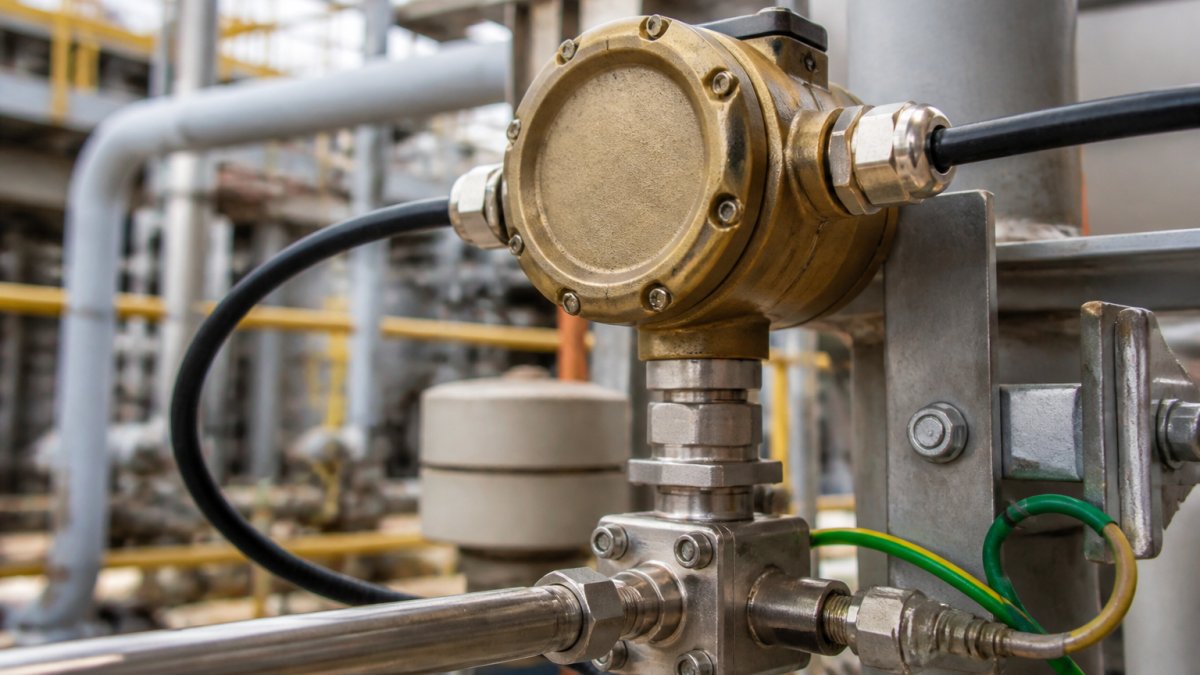 Diagram of an explosion-proof pressure transmitter installed on industrial piping with Ex d safety markings