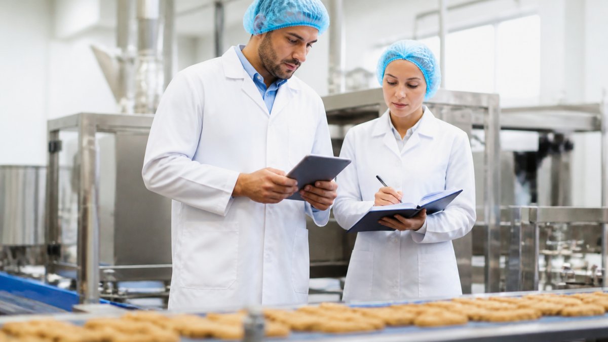 Un auditeur en blouse blanche et charlotte inspectant des lignes de production alimentaire dans un atelier lumineux, tablette à la main, avec un responsable qualité qui prend des notes à ses côtés