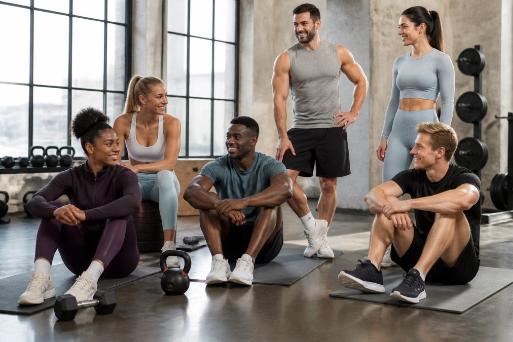 Diverse group of athletes wearing different activewear brands during a mixed workout session in a bright fitness studio, with yoga mats, gym weights, and running gear visible in the background
