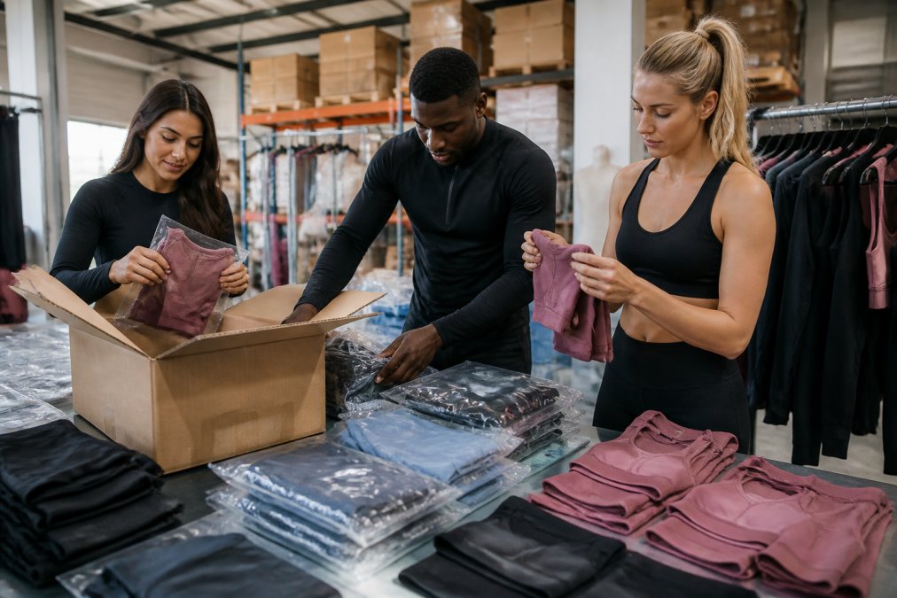 Team of fitness studio staff unpacking and sorting matching activewear sets from a delivery box, checking quality and size labels in a bright warehouse setting