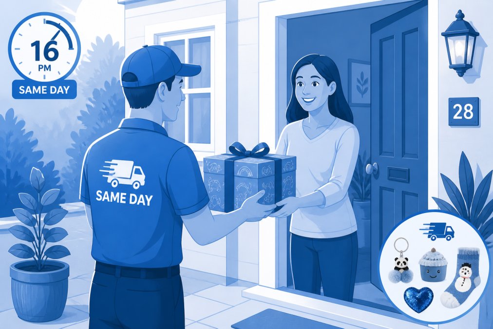 Courier holding wrapped gift box at residential doorstep in afternoon light, showing the moment of same-day delivery arrival