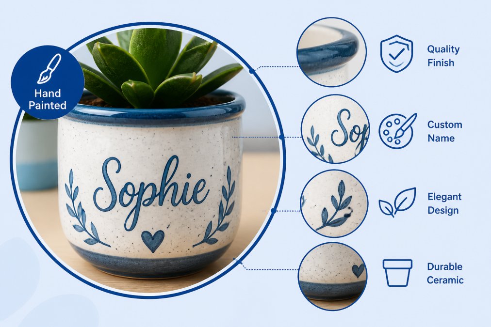 Close-up of personalised ceramic plant pot with custom hand-painted name in elegant script, showing craftsmanship detail and quality finish