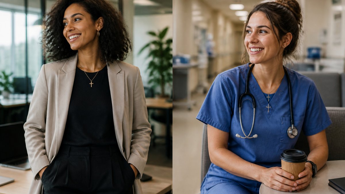 Young professional in a blazer and a nurse in scrubs wearing faith-inspired t-shirts while smiling in their workplaces.