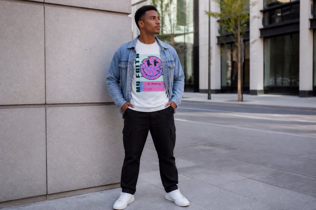 Young adult wearing a faith-inspired graphic tee layered with a denim jacket and clean white sneakers, standing confidently in an urban setting with natural morning light, demonstrating how to style Christian streetwear for everyday wear