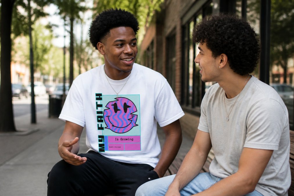 Two people engaged in genuine conversation on an urban street, one wearing a visible faith-based graphic tee, both appearing relaxed and connected, demonstrating a natural interaction point where spiritual apparel creates a conversation opening