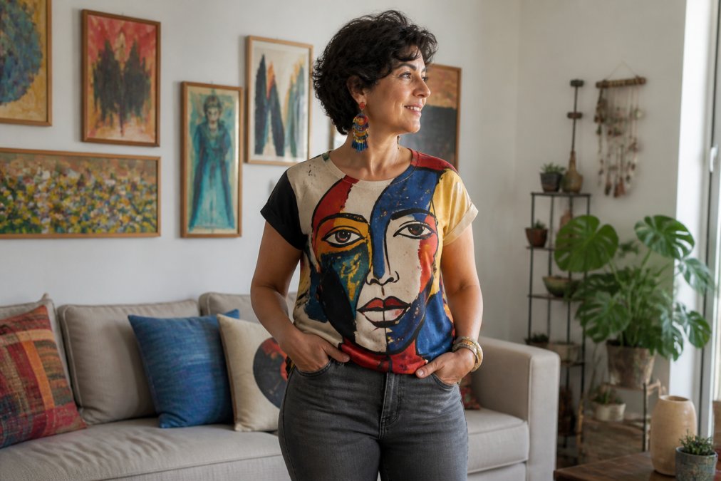 A confident person in their 40s wearing a bold graphic t-shirt paired with neutral jeans and statement earrings, standing in a bright, modern living room with colorful artwork on the walls