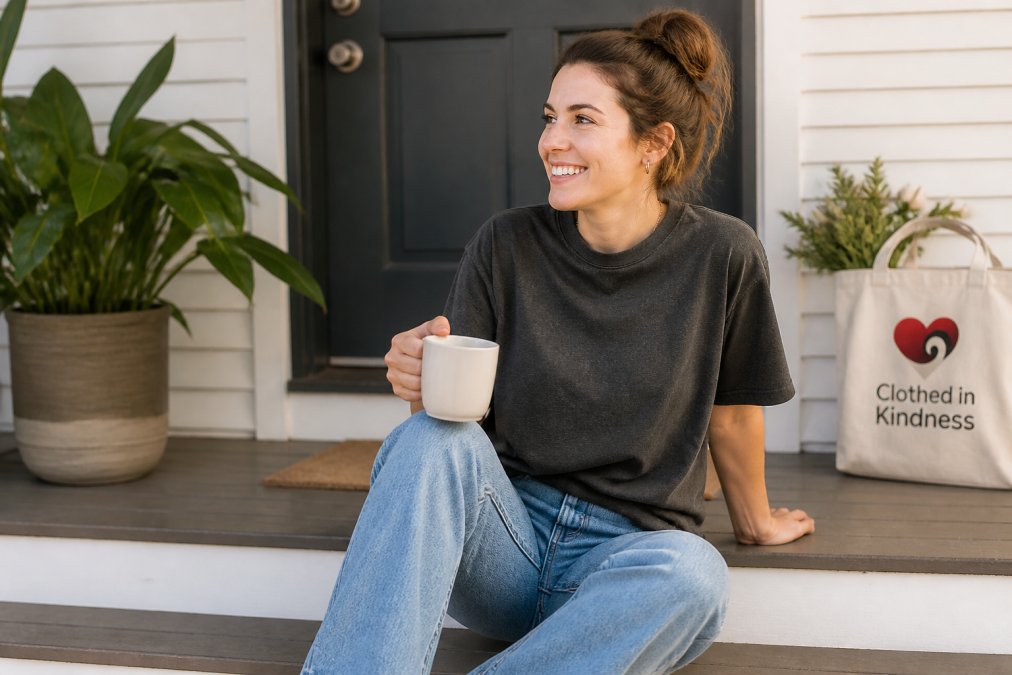 Person wearing an expressive graphic tee and jeans sitting on a porch step with coffee in the morning light