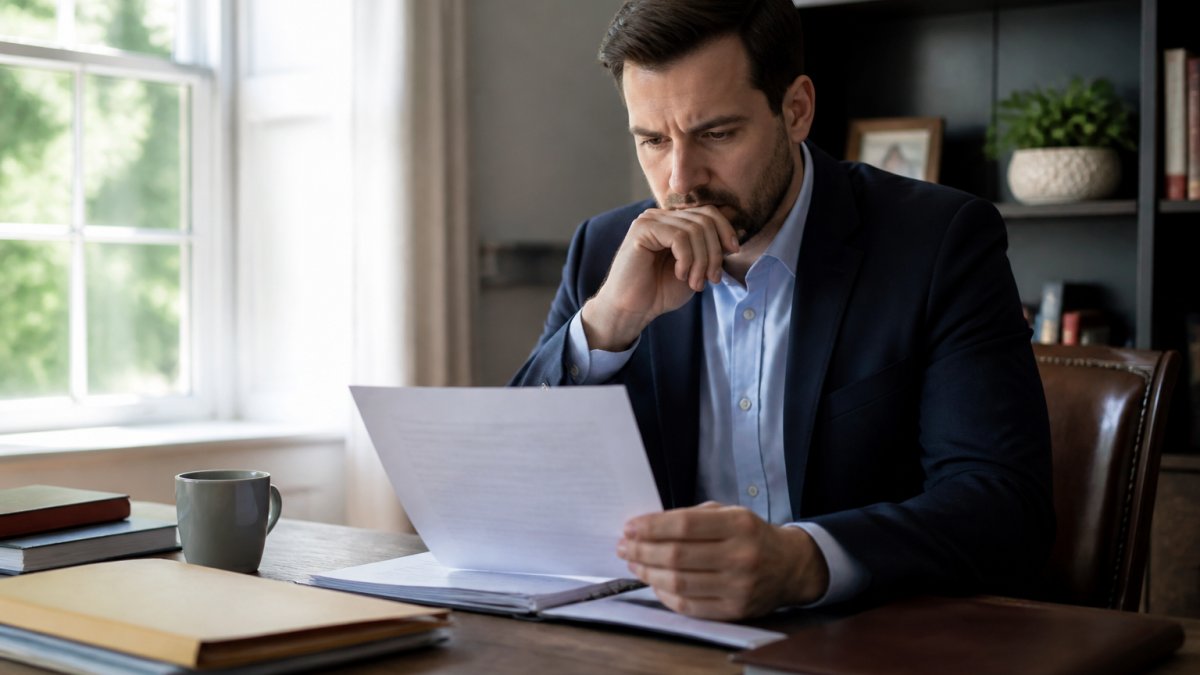 A person in business attire sitting at a desk in a home office, reviewing a background check document with a concerned expression, soft window light