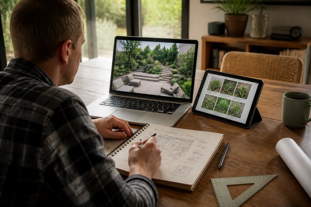 Homeowner working on a 3D landscape design project using a laptop, tablet, and sketches at a home desk