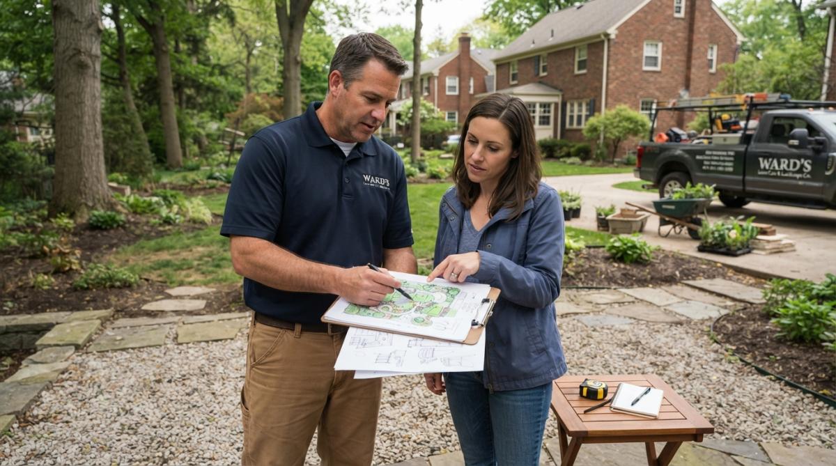 Professional landscape contractor and homeowner reviewing project design mockups and sketches at a residential property site, standing over a site plan on a clipboard with the property visible in background