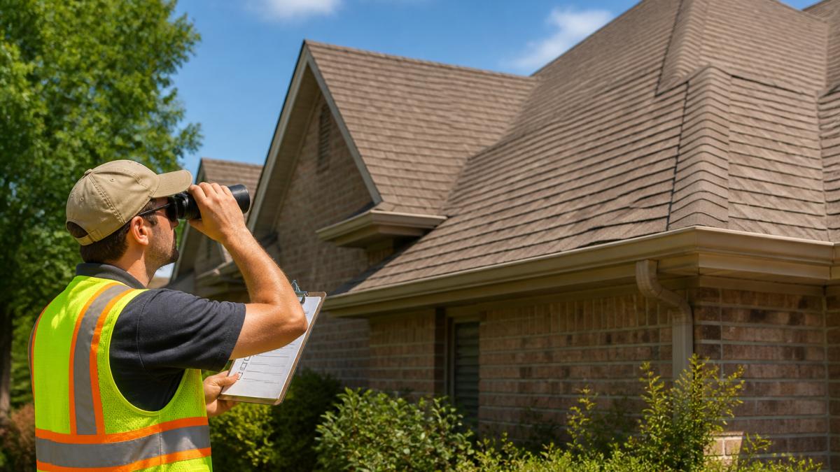 Homeowner at ground level using binoculars to safely inspect asphalt shingles on roof, holding a checklist on clipboard, wearing safety gear on sunny day
