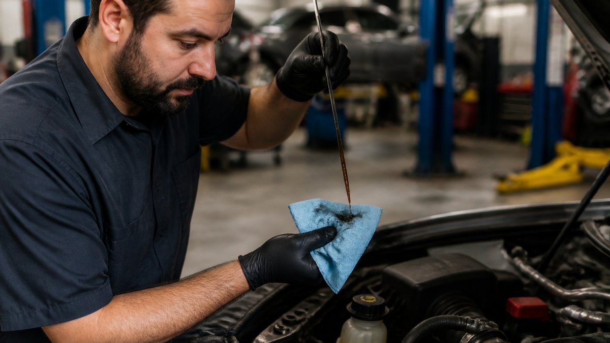 Professional technician checking transmission fluid level with a dipstick, examining the fluid color and consistency in a well-lit workshop